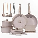 USELUCK Pots and Pans Set Healthy Non toxic Non Stick Ceramic Cookware Set 21 Pcs Detachable Handles, Oven Safe, Induction Dishwasher, Stackable Frying Pan (PFOS, PFOA Free),Taupe