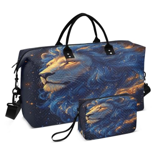 Blue Lion Starry Black Travel Duffle Bag Gym Bag Weekender Bags with Toiletry Bag Travel Trip Tote Bag