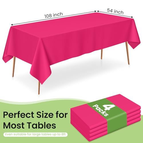 Image of LANLISA 4 Pack Hot Pink Plastic Tablecloth, 54 x 108 Inch Rectangle Table Cloth Disposable, Valentines Day, Easter Party, Mothers Day Decorations Tablecloths, Plastic Cover
