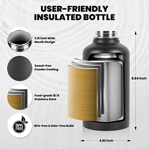 RAYMYLO Insulated Water Bottle 64 oz, Triple Wall Vacuum Stainless Steel (Cold for 48 Hrs), Leak Proof & Non-BPA, Half Gallon Water Flask Jug with Paracord Handle & Straw Spout Lids, Magic Black - View 7