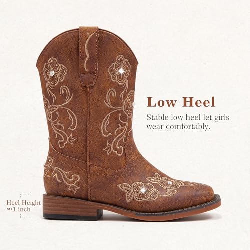Girls Cowboy Boots Classic Western Floral Embroidery Sparkly Rhinestone Little Big Kids Cowgirl Boots Side Zipper Mid Calf Square Toe Toddler Girls Boot Riding Concert Party Wedding Halloween4