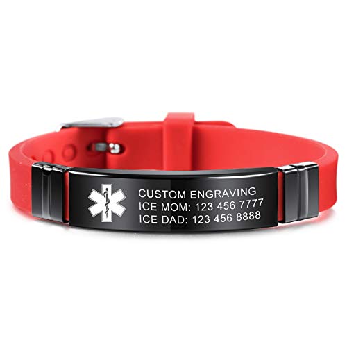MOWOM Medical Pulsera Personalizada de Silicona grabada ID de identificación de Alerta Ajustable para Hombres, Mujeres, niños, Caucho de Acero Inoxidable (Rojo *Personalizar*) Cover
