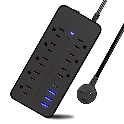 Power Strip Surge Protector - Flat Plug Extension Cord with 8 AC Outlets and 4 USB Ports,Overload Surge Protection,Wall Mountable Power Strip for Home Office Dorm, 1700 Joules, Black