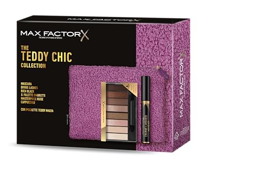 Max Factor, Pudełko upominkowe dla kobiet Teddy Chic, miękka torebka z tuszem do rzęs z tuszem do rzęs Divine Lashes + paleta cieni do powiek Masterpiece Nude Cappuccino