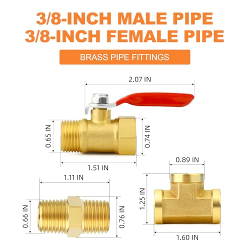 Image of GASHER 6PCS 3 /8 Inch NPT Brass Pipe Fitting, Ball Valve, Barstock Tee Brass Pipe Fitting and Air Hose Fitings