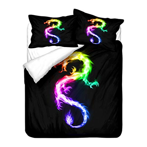 Patatino Mio Animal Prints Duvet Cover Sets Queen Size 3D Flying Dragon With Wings Blue Fire Bedding Set For Adults Boys And Girls 3 Pieces With 1 Duvet Cover 2 Pillowcase Background Black #TOP4
