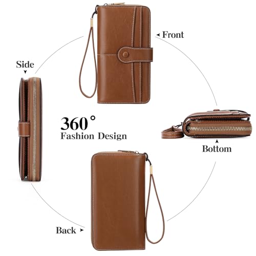 Image of Wristlet Women's Wallet Phone Purse RFID Blocking Large Capacity Card Holder Leather Brown