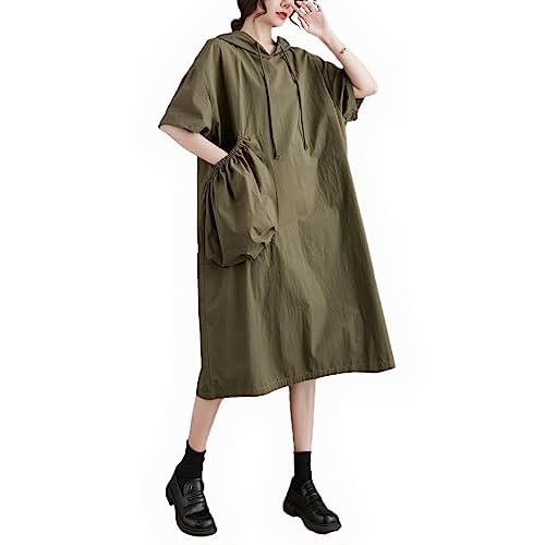 ellazhu Women's Summer Half Sleeve Midi Length with Big Pocket Solid Color Dress with Hood GA2669 Small-X-Large Green