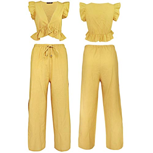 FANCYINN Womens 2 Pieces Outfits Deep V Neck Crop Top Side Slit Drawstring Wide Leg Pants Set Jumpsuits Turmeric M - Thumbnail 5