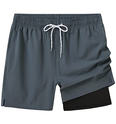 Tyhengta Mens Swim Trunks With Compression Liner 2 In 1 Quick-Dry Swimming Shorts With Zipper Pockets Grey 32 #TOP10