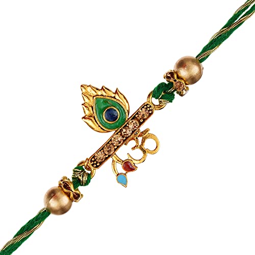 Image of eCraftIndia Pack of 5 Green Golden Om & Peacock Feather Religious Designer Rakhi for Brother Bhaiya Bhai | 5 Best Bro Ever Fridge Magnets | Roli Chawal Pack | Raksha Bandhan Gift Set