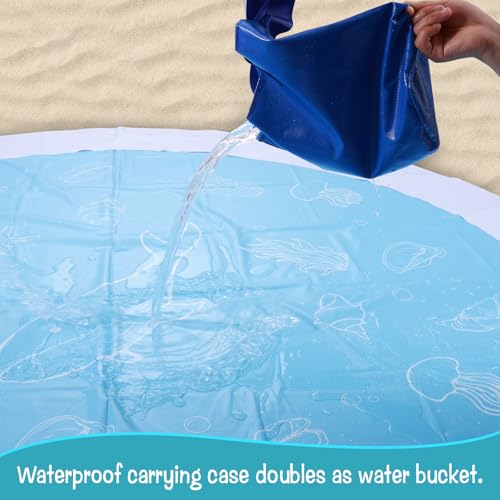 Round Baby Beach Pool, 6.88 X 6.88Ft Portable Cartoon Ocean Theme Toddler Beach Puddle 2 in 1 Cute Toddler Paddling Pool Beach Blanket with Carrying Bag for Boys Girls by CIEOVO - Used condition - Image 4