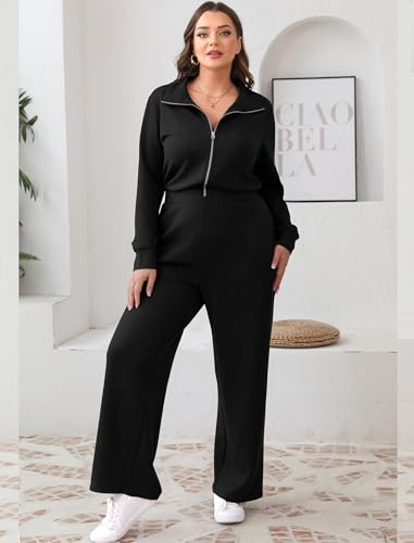 Sampeel Jumpsuits For Women Casual One Piece Travel Outfits For Women 2024 Comfy Half Zip Up Long Sleeve Tops Wide Leg Black Tracksuits Fall Clothes M thumb #3