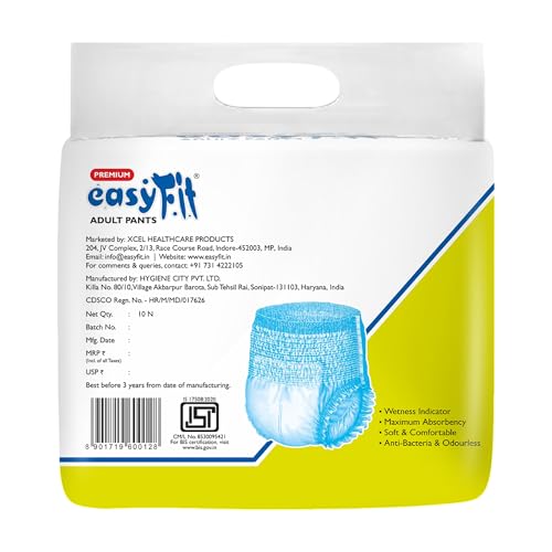 Image of Easyfit Adult Diaper Pants | 10 Count (Large) | Waist 30-55 inch (75-140 cm) | Unisex | Leak Proof | Wetness Indicator | Overnight Protection | Elastic Waist | Anti-Bacterial Absorbent Core