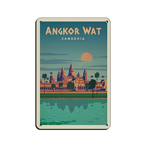 Plaque en métal vintage Angkor Wat Cambodge - Décoration murale rustique - 30 x 20 cm