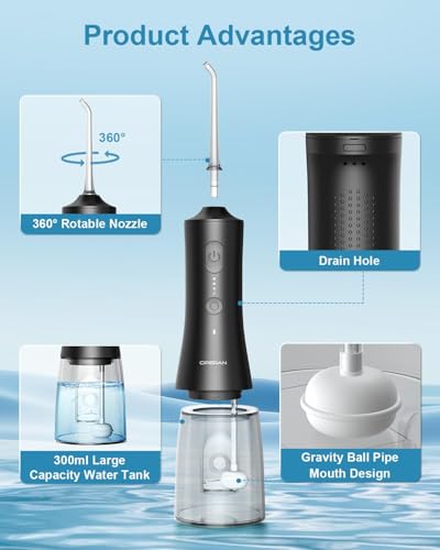Image of OPERAN Water Flossers for Teeth, Cordless Portable Water Flossers for Adults Braces, IPX7 Waterproof with 4 Modes, 4 Professional Nozzles, 300ml Tank & 21 Days Runtime for Travel, Black, 1Pack