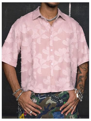 Men's Floral Button Down Crop Shirt Half Sleeve Collared Cropped Top Streetwear 70s Hippie Shirts4