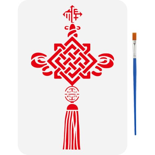 FINGERINSPIRE Chinese Knot Painting Stencil with Brush 8.3x11.7inch Chinese Letter Template Reusable Chinese New Year Stencil Eastern Theme Template for Painting on Wood Furniture Clothes Fabric