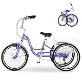 MOPHOTO Adult Folding Tricycle 7 Speed 20/24/26 Inch, 3 Wheel Bike for Seniors Women Men, Low Step-Through Cruiser Bicycle with Large Cargo Basket & Adjustable Seat