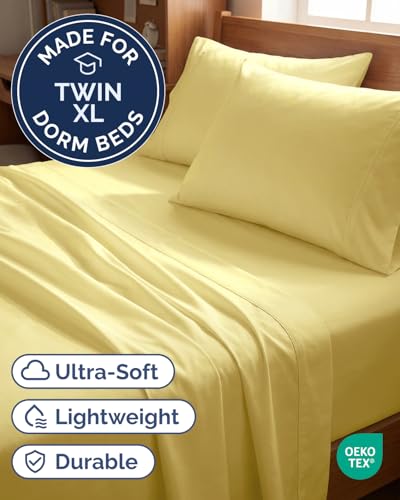 Image of Twin XL 4 Piece Sheet Set - College Dorm Room Essentials - Yellow | Ultra Soft Dorm Bedding Set, 8 inch to 16 inch Inch Deep Pockets, 1 Flat & 1 Fitted Sheet & 2 Pillowcases, Wrinkle & Fade Free