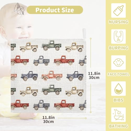 Image of vvfelixl Baby Muslin Washcloths Vintage Trucks Jeeps Baby Burp Cloths Cotton Babys Face Towel for Newborn Infants Boys Girls Soft and Absorbent 11.8 X 11.8 in, 3 Pack