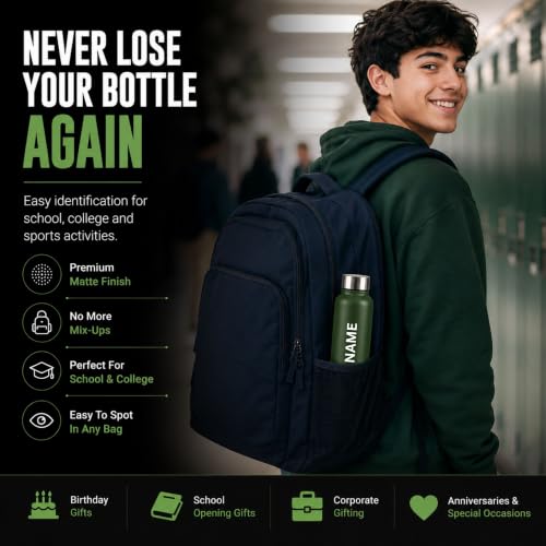Image of Courage Personalised Stainless Steel Water Bottle 1 Litre | Custom Name Engraved Bottle | Leak-Proof, BPA-Free, Rust-Resistant | Stylish Gift for Kids, Women & Men | Office, School & Gym Use (Green)
