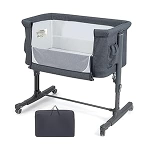 COSTWAY 3-in-1 Baby Bedside Crib, Easy Folding Cot Bed with Mattress, Breathable Mesh Window, Lockable Wheels and Travel Bag, Height Adjustable Newborn Sleeper for Birth to 9kg (Grey)