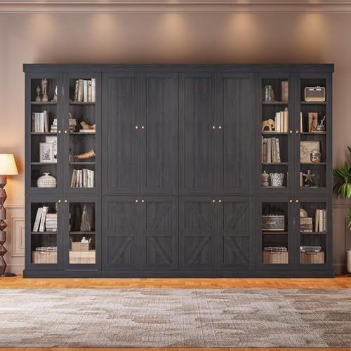 Image of ivaniti 70.8 inch Tall Farmhouse Bookshelf, Modular Bookcase with Glass Doors, 6-Tier Adjustable Shelves, Large Storage Cabinet for Study or Home Office, Black, Set of 4
