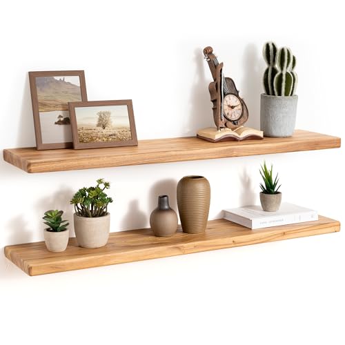 36' Rustic Elm Wood Floating Shelves, 8 Inch Deep Wall Shelves for Home Decor, Wall Mounted Floating...