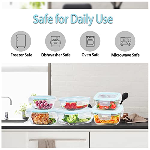 Rosos Glass Food Storage Containers With Lids Airtight 6 Pack, Glass Storage Containers With Lids For Food, Not Easy Broken & Leak Proof, Glass Containers With Lids For Oven/Dishwasher Safe, Blue #TOP4