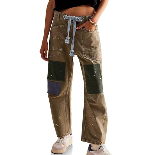Women's Vintage Y2K Gothic Patchwork Jeans Street Hip-Hop Applique Trousers Acid Wash Straight-Leg Denim Pants