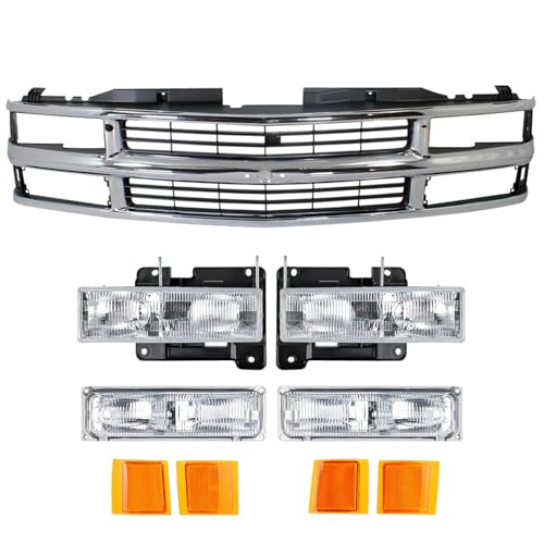 iiLentes Front Chrome Grille Grill and Headlights Headlamp Assembly with Bumper Lamp For 1994-1998 Chevrolet Silverado C/K 1500 2500 3500 Pickup Truck Blazer Tahoe SUV GM1200238 15981106