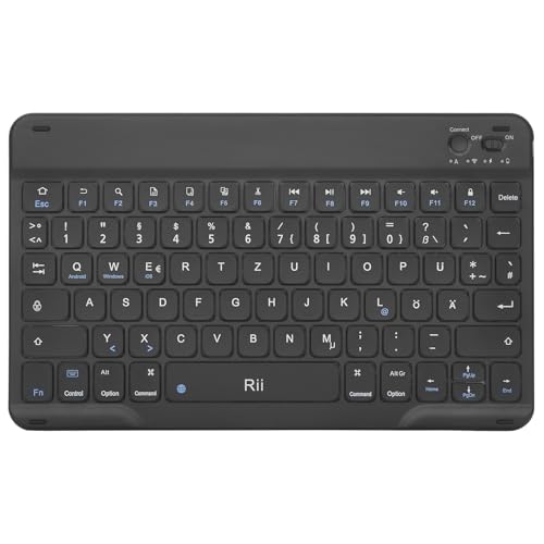 Rii Bluetooth Tastatur für Tablet, Tragbare Slim Tastatur mit Scissor-Mechanismen, Wiederaufladbar, QWERTZ Layout, Kompatibel mit iPad/Android/Windows, Schwarz 1