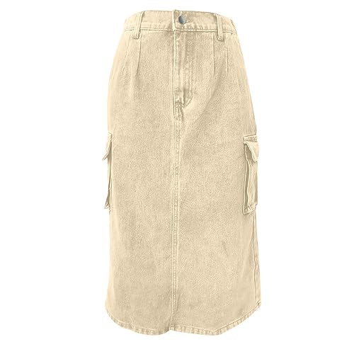 Women Denim Cargo Long Skirts High Waisted Pencil Skirt Midi Length Jean Skirt A-Line Denim Skirt with Cargo Pockets3