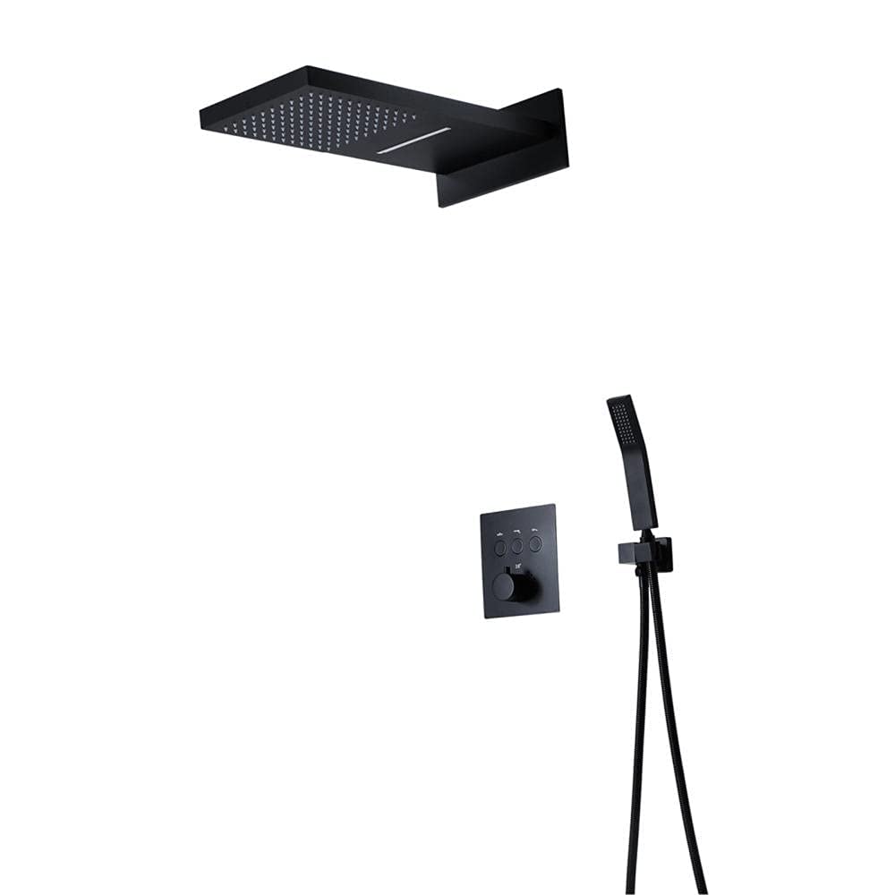 AYCDL Concealed Thermostatic Shower Set Black 10-Inch Shower Head with Handheld 2 Function Waterfall