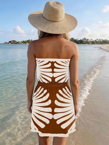 Image of SAUKOLE Summer Dresses for Women Bandeau Strapless Smocked Elastic Waist Sundress Tube Mini Dress with Pockets