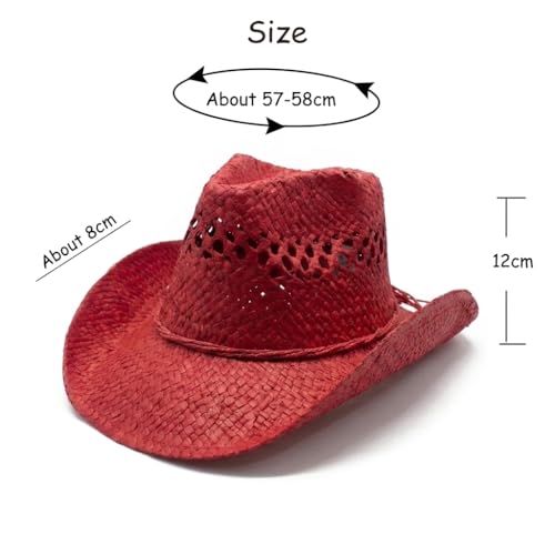 Image of Men & Women's Summer Cowboy Cowgirl Straw Hat Hollow Out Woven Roll Up Wide Brim Sun Hat with Chin Strap
