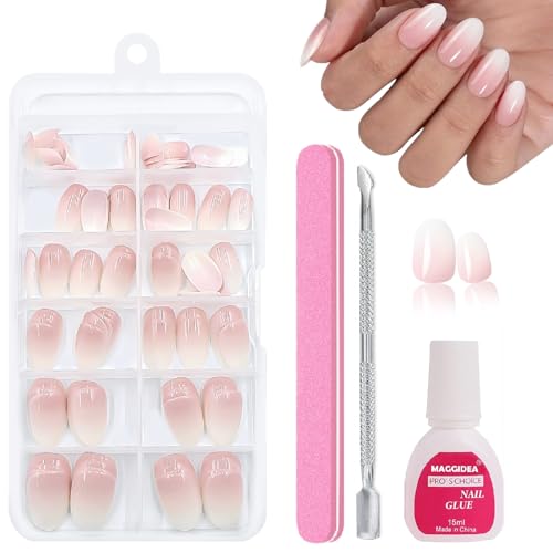 Image of 120PCS Short Oval False Nails with Glue, Ombre Nude Press on Nails Set, 12 Sizes Full Cover Acrylic Fake Nails, Reusable Stick on Nails for Women, Long Lasting Natural Nail Tips