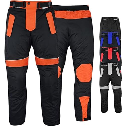 Motorradhose Herren mit 2CE Protektoren - Winddicht Biker Quad textil Hosen - Wash- & Abnehmbar Thermo-Futter, Kombi-Reißverschluss, Elastischer Bund - aus 4 Schichten & 2 Zipper Taschen Orange - 62