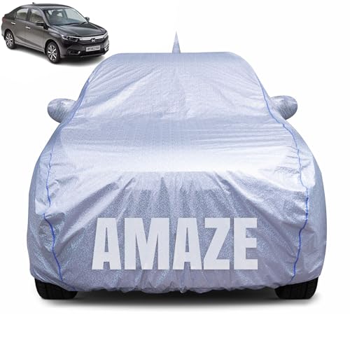 Image of 100% Waterproof Car Body Cover for Honda Amaze (2018-2023) with Mirror Pocket, Heat & UV Resistant, Triple Stitched, Soft Lining, Bottom Elastic & Piping (Silver Reflective)
