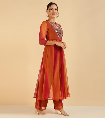 Image of DEEBACO Women's Ombre Lahariya Georgette Ankle Length Anarkali Tunic with Palazzo Co Ord Set for Women Fashion|Round Neck|Long Dress for Woman Two Piece|Casual Wear Dresses(Maroon)