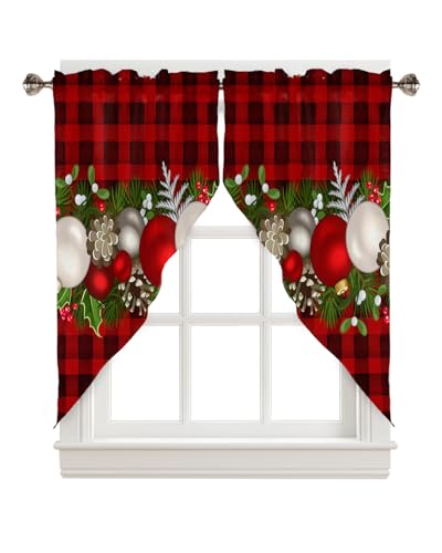 Swag Cortina Valance, Bolas de Natal Vermelho Preto Xadrez Pinheiro Agulhas Pinhas de Pinheiro Bagas