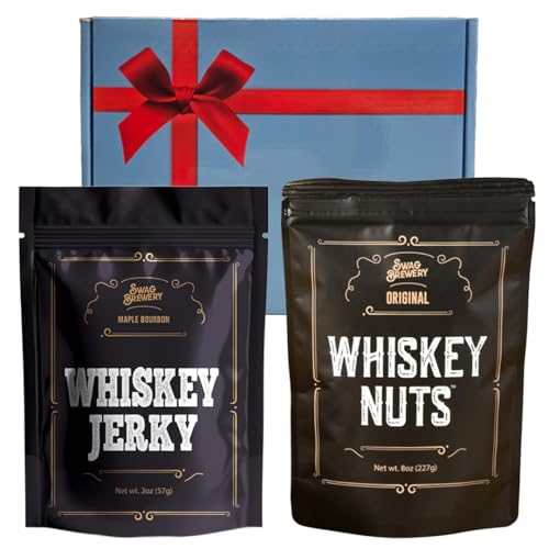 Whiskey Nuts & Whiskey Jerky Gift Set – Maple Bourbon Beef Jerky + Sweet & Salty Gourmet Nut Mix...