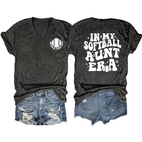 Auntie Tshirt Women in My Softball Aunt Era Shirt Funny Graphic Softball Shirts for Women Casual V Neck Short Sleeve Tops