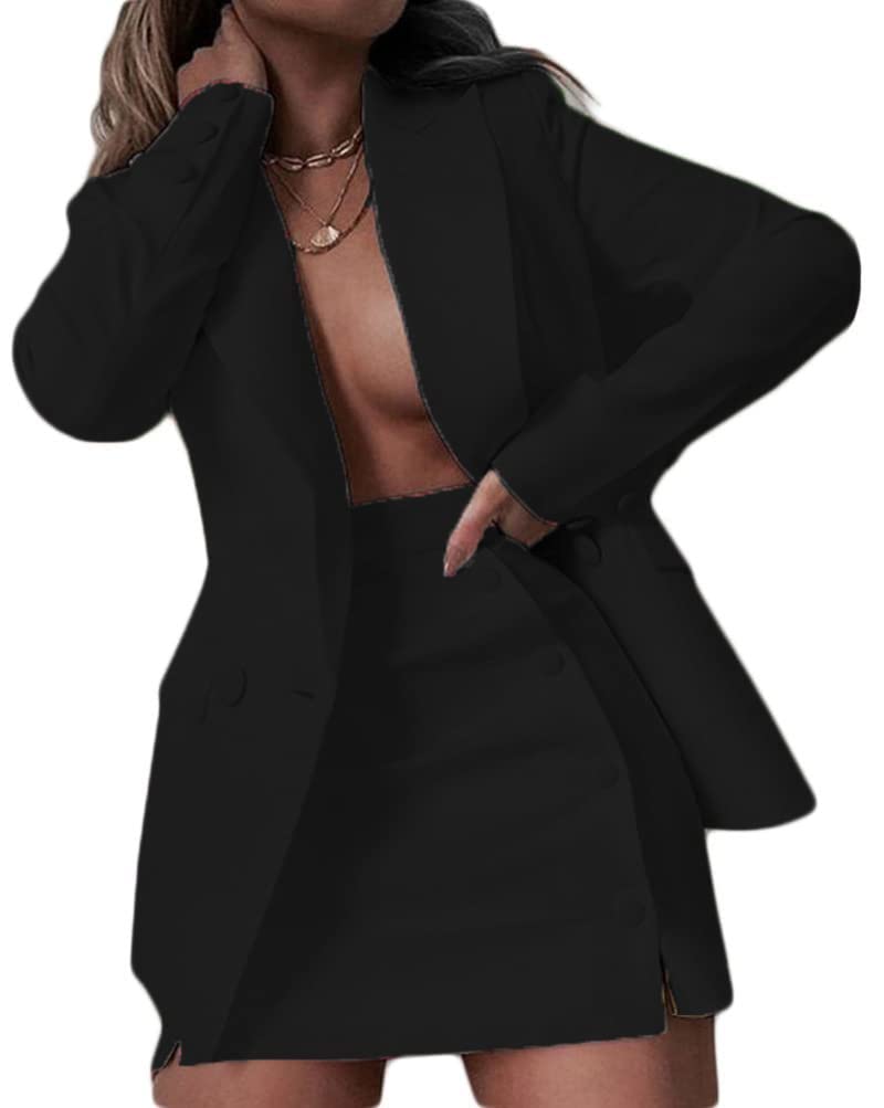 2 Pièces Ensemble Femme Elégant Blazer Tailleur + Jupe OL Bureau Chic Slim Fit Veste de Costume Mode Jupe Crayon Manteau Blouson Casual pour Travail Business