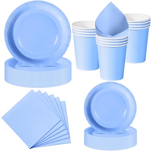Nkaiso Set de Vaisselle Jetable 50 Pièces Bleu Ciel - 10 Assiettes 23cm, 10 Assiettes 18cm, 10 Gobelets, 20 Serviettes - Pour Baby Shower, Fille, Anniversaire...