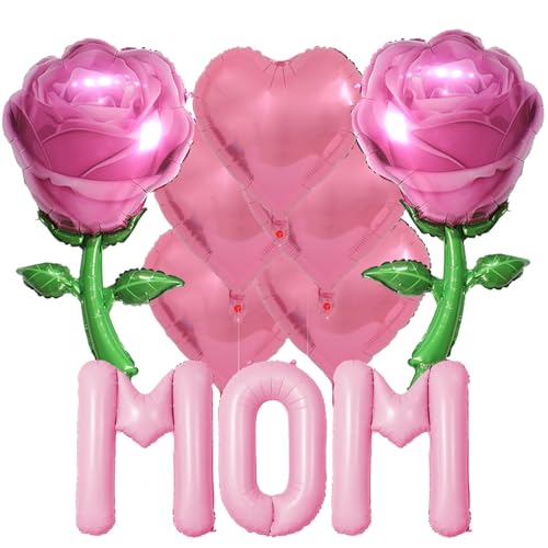 Pink Mom Balloons Pink Heart Rose Mother's Day Balloons Party Balloons for Mother's Day Decoration Party Decorations Theme Supplies Balloon Sets-10 PCS