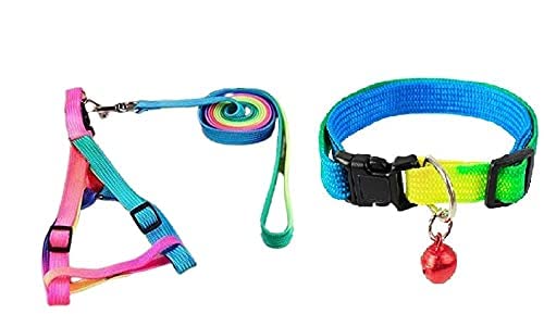 SR VISION Colourful Adjustable Nylon Puppy Leash Harness + Ranbow Collar, Suitable for Puppy (15 mm Multicolour)