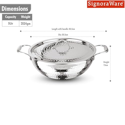 Image of Signoraware Artista Tri Ply Stainless Steel Hammered Deep Kadhai 28cm with Steel Lid | Elegant Finish | Even Heat Distribution | Ideal for Deep Frying & Daily Indian Cooking Needs (5 LTR | Steel)