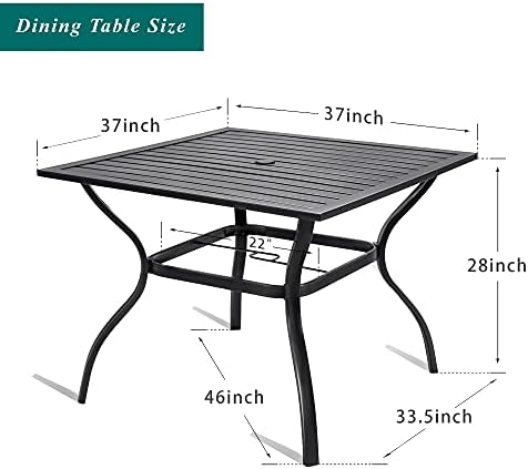 Bigroof Outdoor Patio 37" Square Dining Table Metal Steel Slat Backyard Bistro Table Outdoor Furniture Garden Table, with 1.57” Umbrella Hole, Black